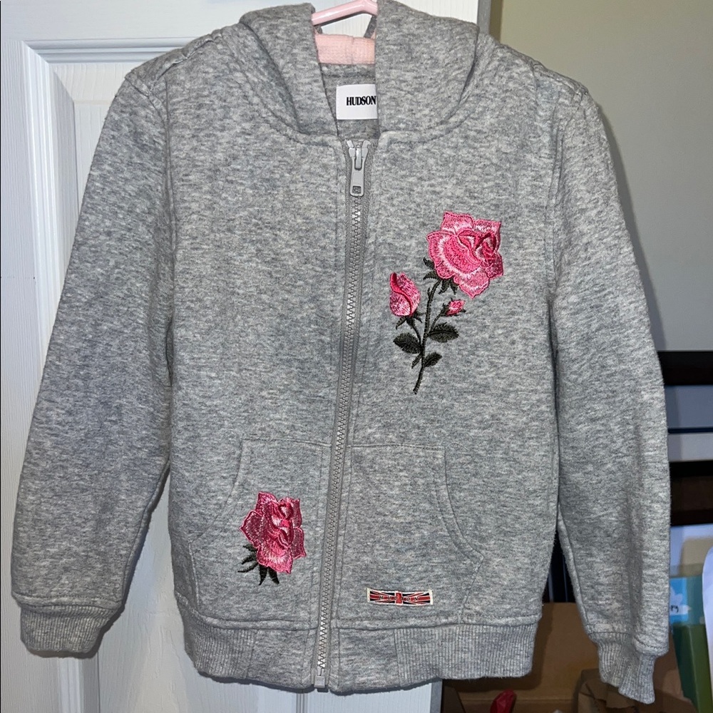 Hudson Jeans Kids Hoodie with Pink Floral Embroidery